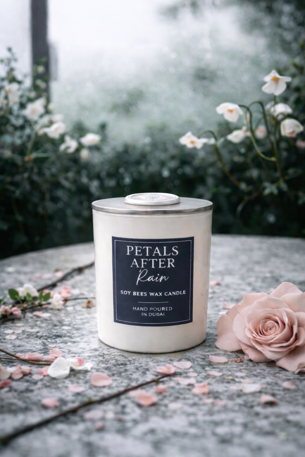 Petals After Rain - 8oz White Glass Candle