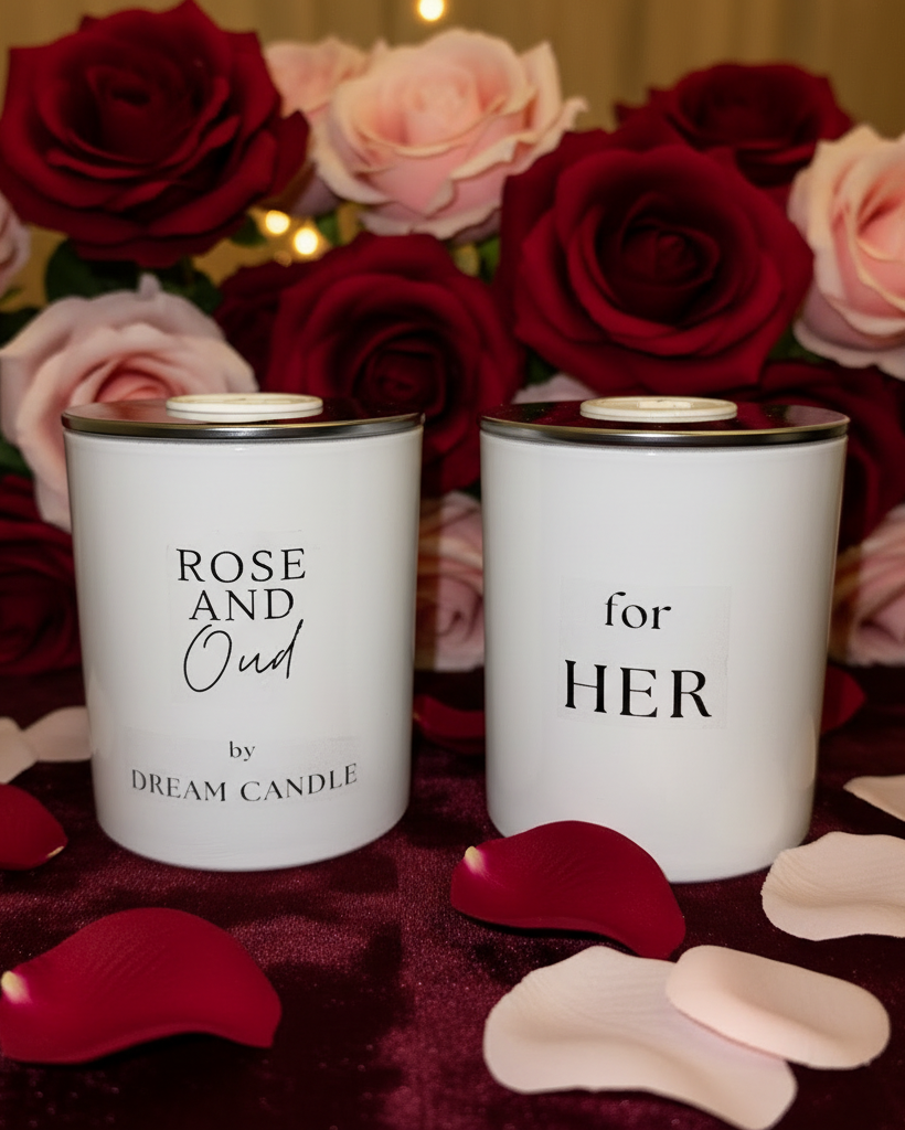 White Glass Valentine's Candle - Rose and Oud (For Her)