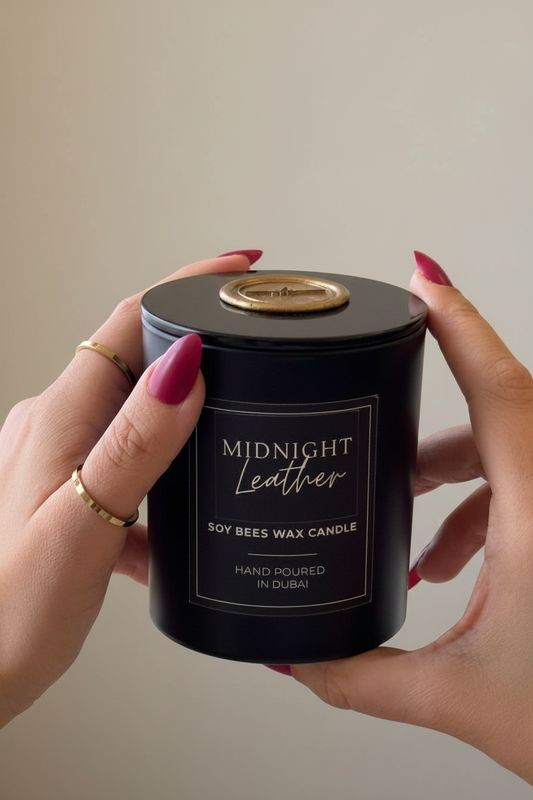 Midnight Leather Candle with Preserved Hands