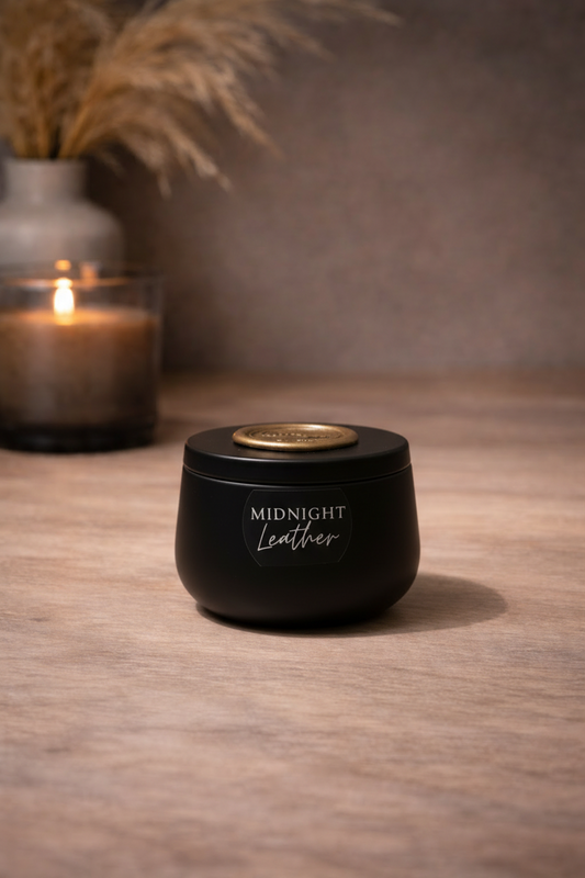 Midnight Leather - 4oz Black Tin Candle