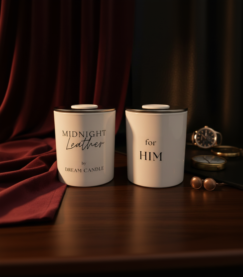 White Glass Valentine's Candle - Midnight Leather (For Him)