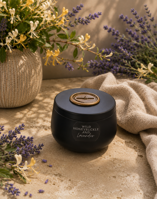 WIld Honeysuckle and Lavender - 7oz Black Tin Candle