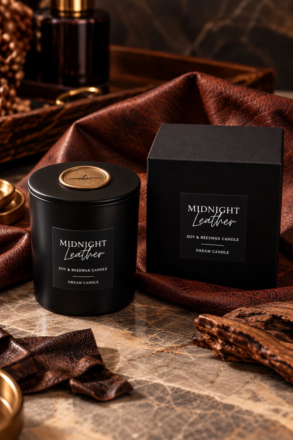 Midnight Leather Candle - 8oz Black Glass Candle