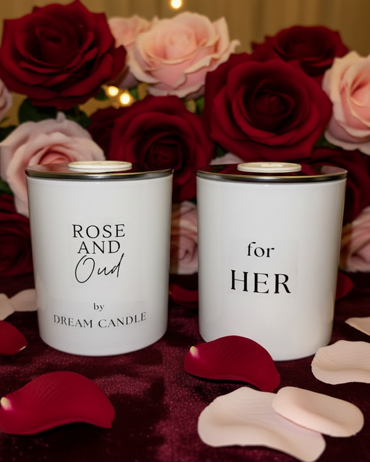 White Glass Valentine's Candle - Rose and Oud (For Her)