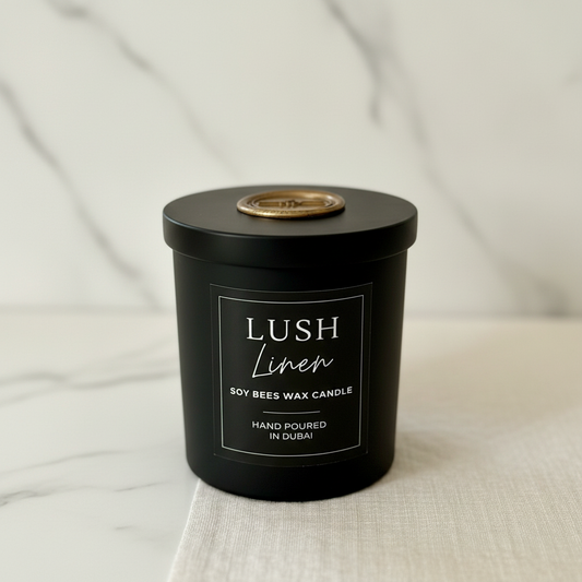Zoomed in black Lush Linen candle